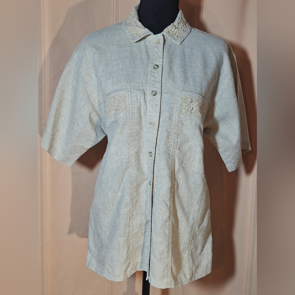 TOGETHER! 54% Linen Beige Button-down Shirt with Lace Detail